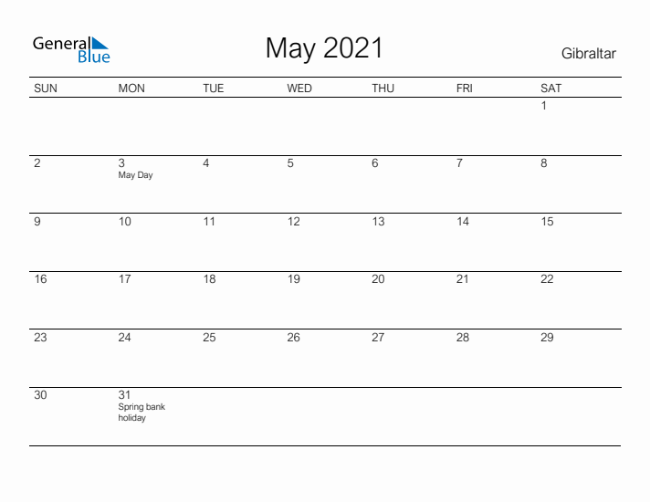 Printable May 2021 Calendar for Gibraltar