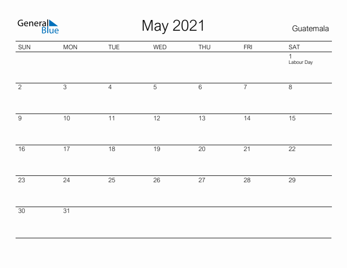 Printable May 2021 Calendar for Guatemala