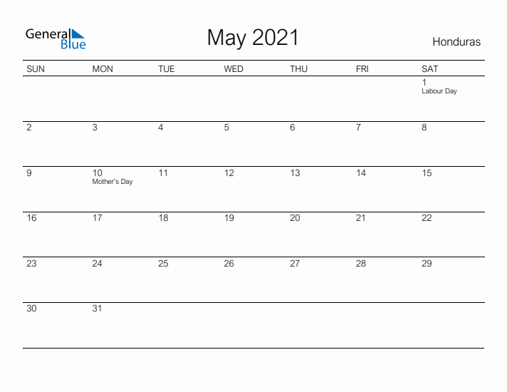 Printable May 2021 Calendar for Honduras