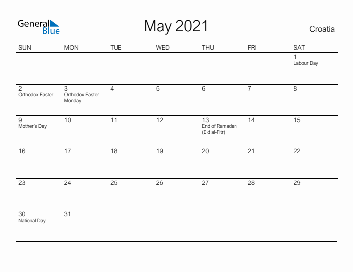 Printable May 2021 Calendar for Croatia