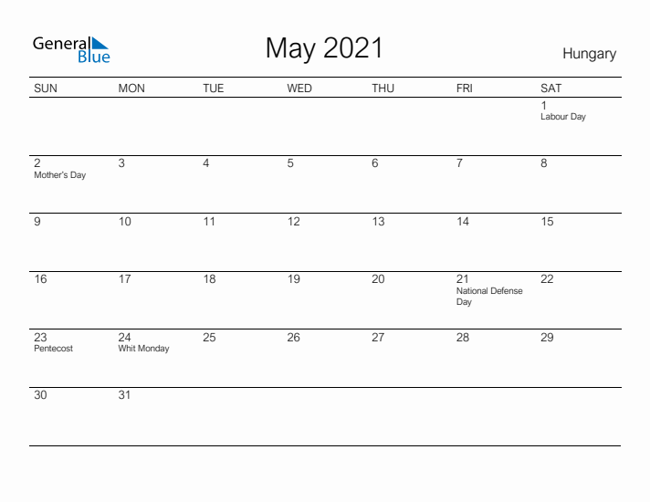 Printable May 2021 Calendar for Hungary