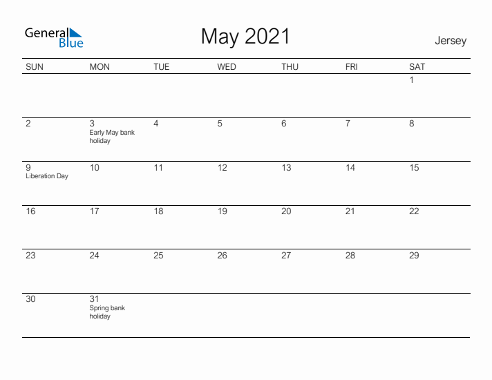 Printable May 2021 Calendar for Jersey