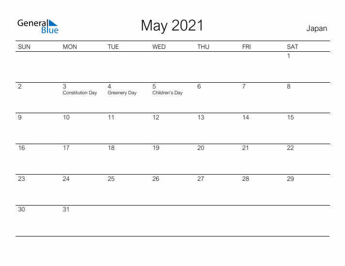 Printable May 2021 Calendar for Japan
