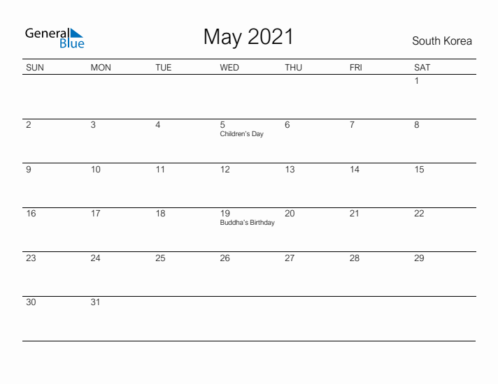 Printable May 2021 Calendar for South Korea