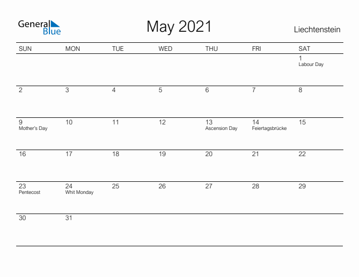 Printable May 2021 Calendar for Liechtenstein