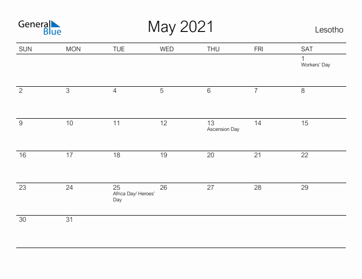 Printable May 2021 Calendar for Lesotho