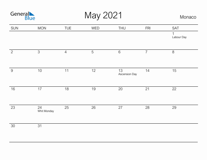 Printable May 2021 Calendar for Monaco
