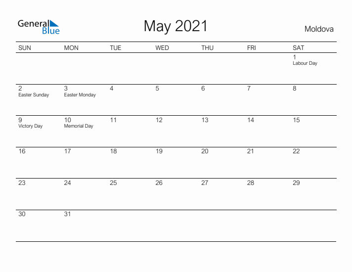 Printable May 2021 Calendar for Moldova