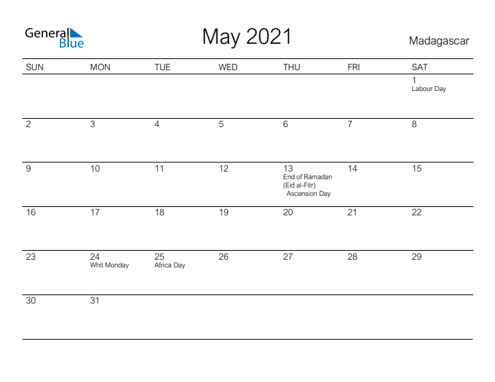 Printable May 2021 Calendar for Madagascar