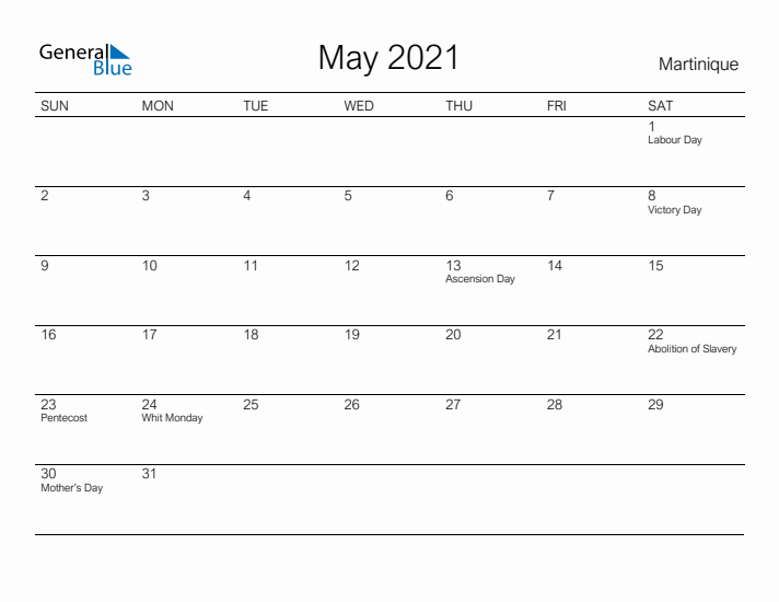 Printable May 2021 Calendar for Martinique