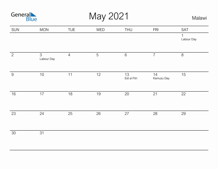Printable May 2021 Calendar for Malawi
