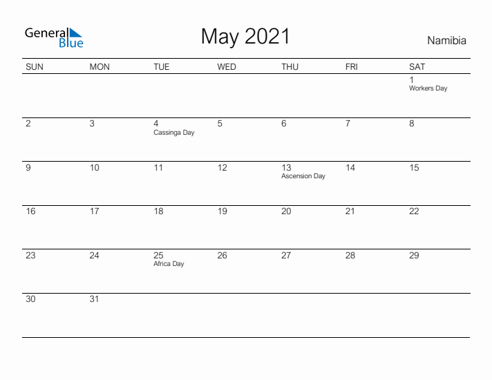 Printable May 2021 Calendar for Namibia