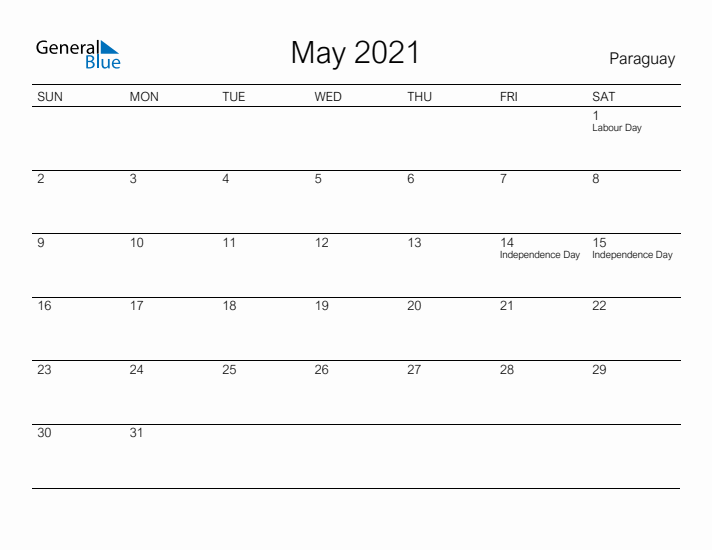Printable May 2021 Calendar for Paraguay