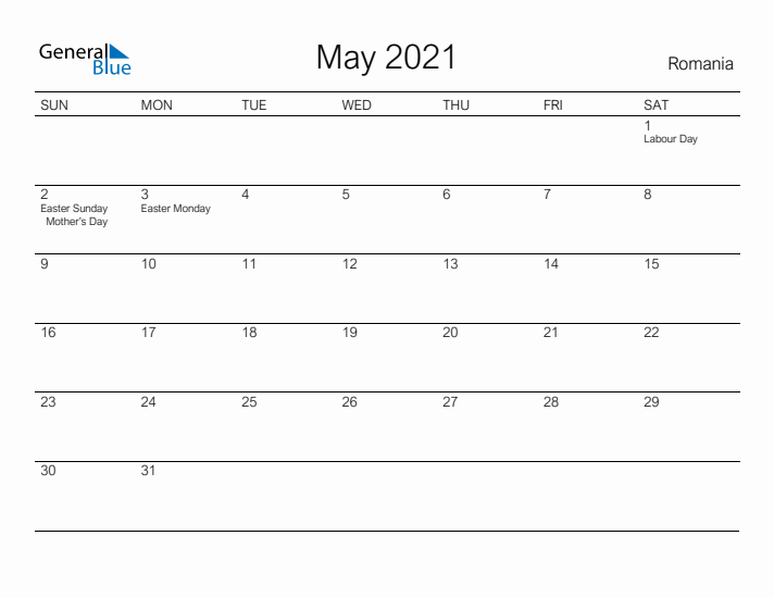 Printable May 2021 Calendar for Romania
