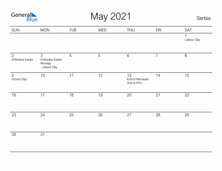 Printable May 2021 Calendar for Serbia