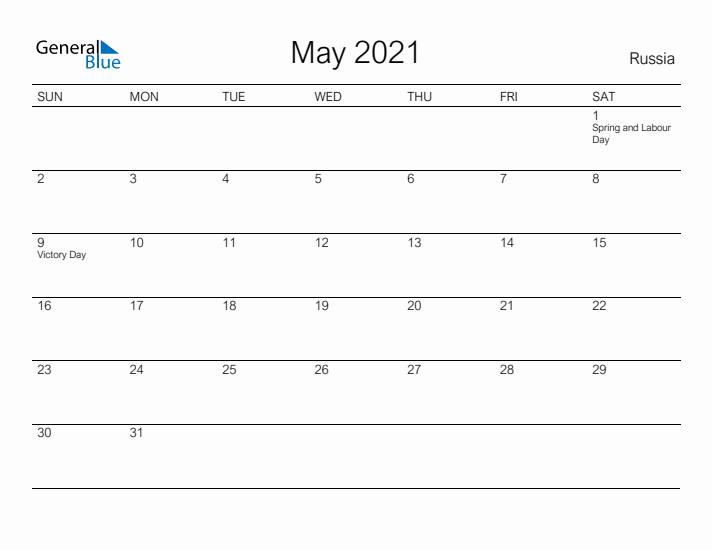 Printable May 2021 Calendar for Russia