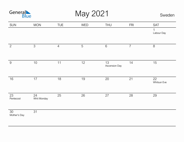 Printable May 2021 Calendar for Sweden