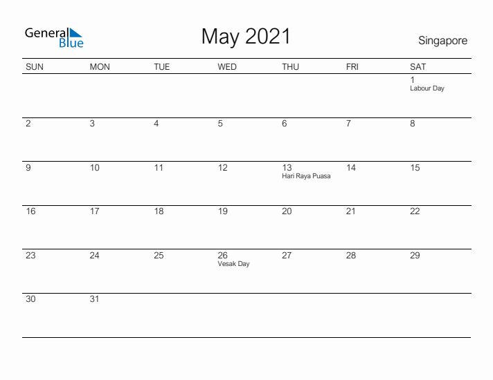 Printable May 2021 Calendar for Singapore