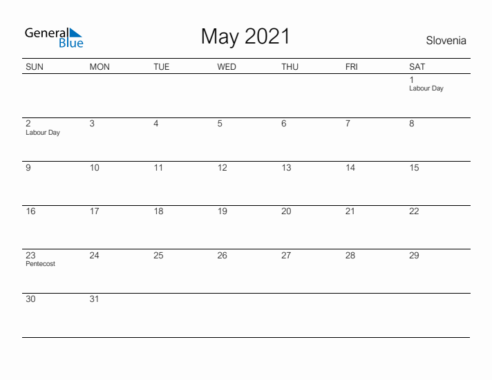 Printable May 2021 Calendar for Slovenia