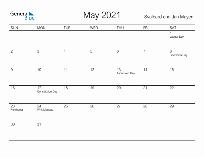 Printable May 2021 Calendar for Svalbard and Jan Mayen