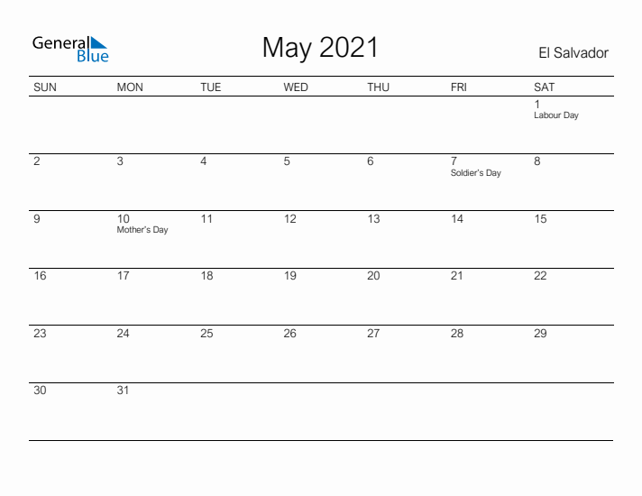 Printable May 2021 Calendar for El Salvador