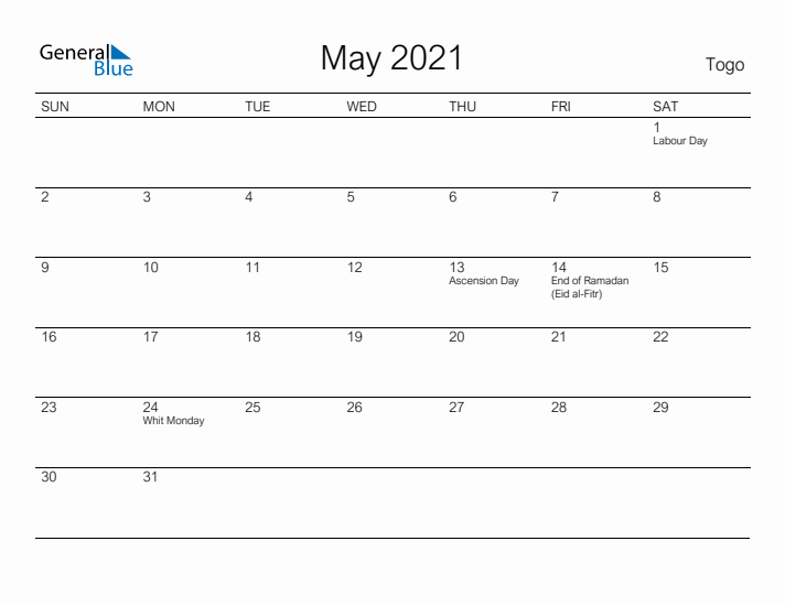 Printable May 2021 Calendar for Togo