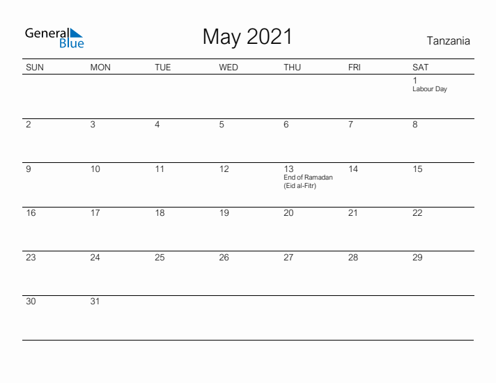 Printable May 2021 Calendar for Tanzania