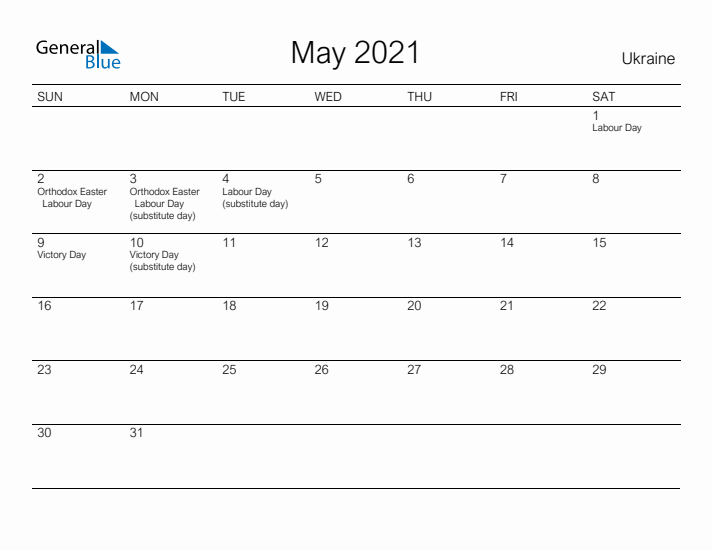 Printable May 2021 Calendar for Ukraine