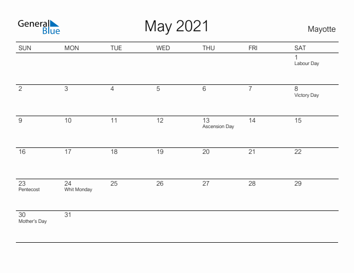 Printable May 2021 Calendar for Mayotte