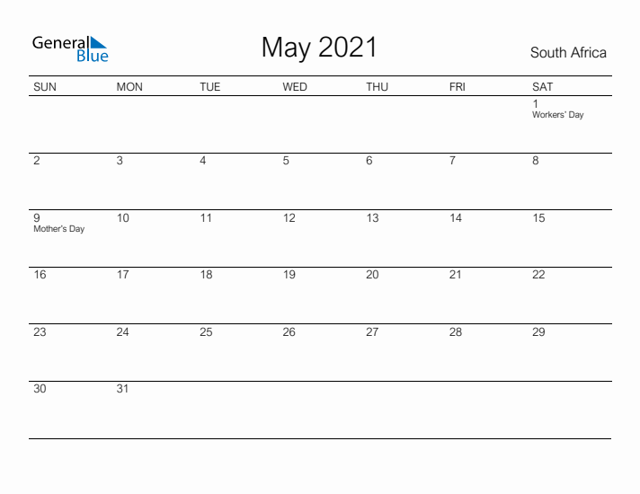 Printable May 2021 Calendar for South Africa