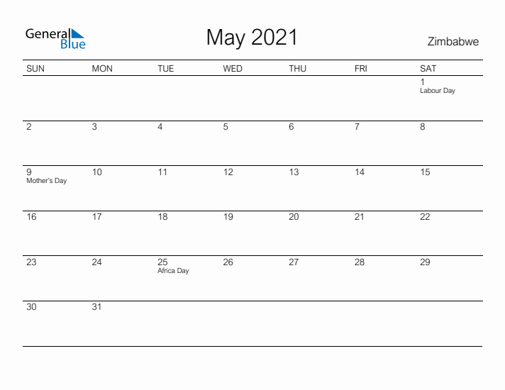 Printable May 2021 Calendar for Zimbabwe