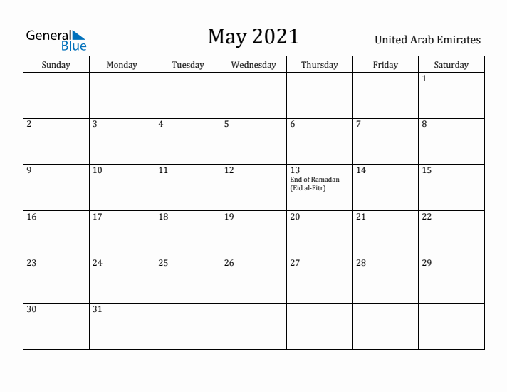 May 2021 Calendar United Arab Emirates