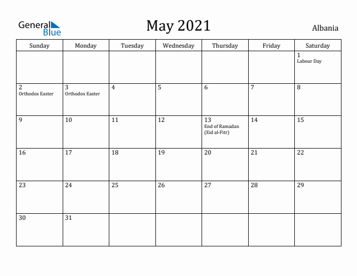 May 2021 Calendar Albania