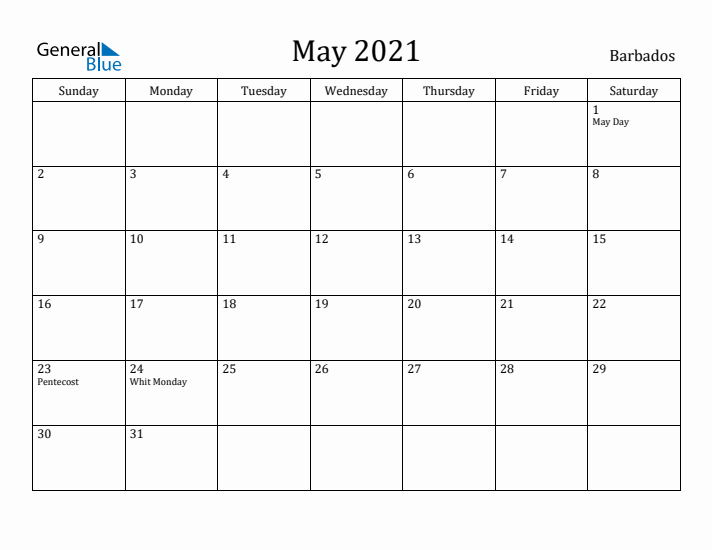 May 2021 Calendar Barbados