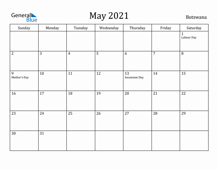 May 2021 Calendar Botswana