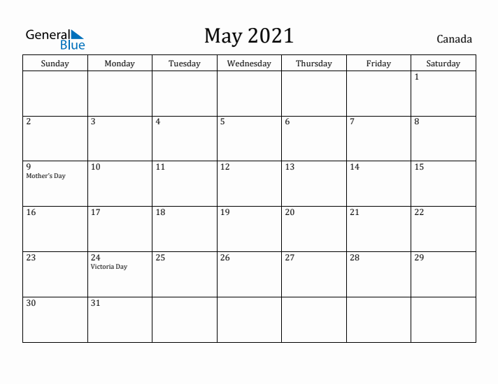 May 2021 Calendar Canada