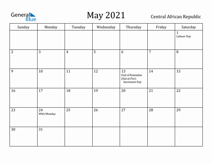 May 2021 Calendar Central African Republic