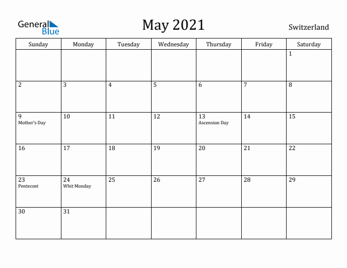 May 2021 Calendar Switzerland