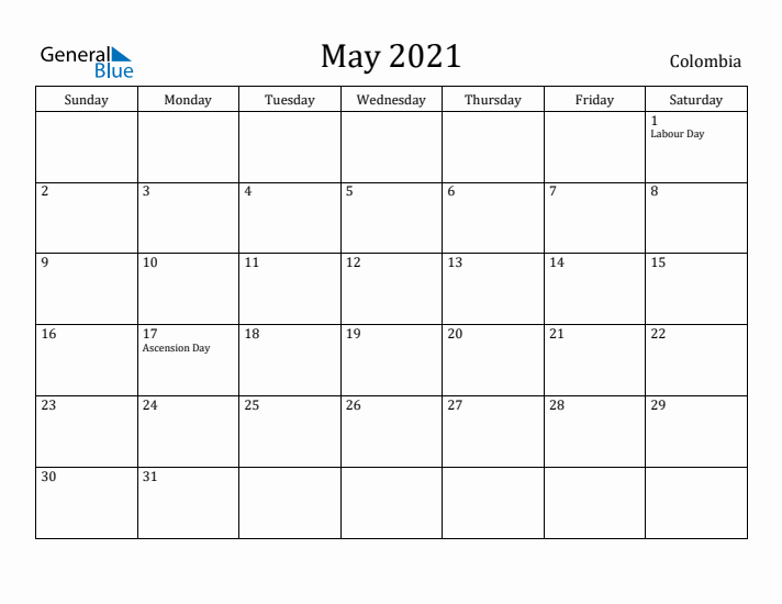 May 2021 Calendar Colombia