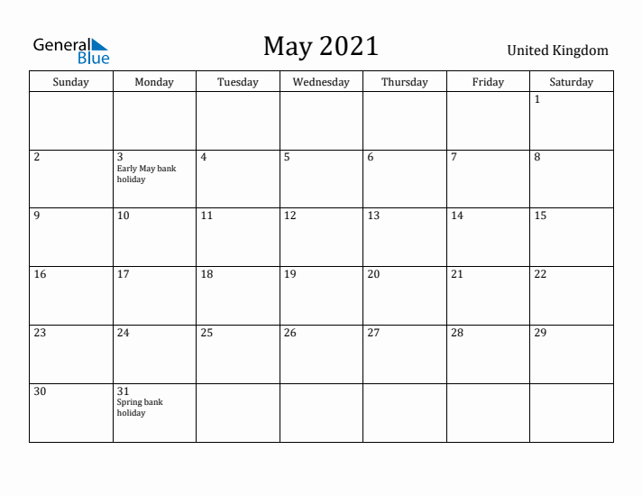 May 2021 Calendar United Kingdom
