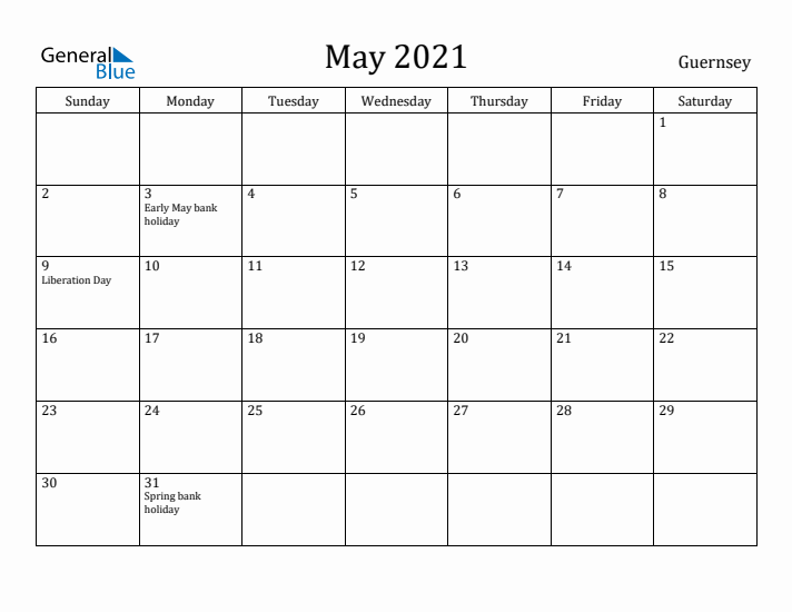 May 2021 Calendar Guernsey