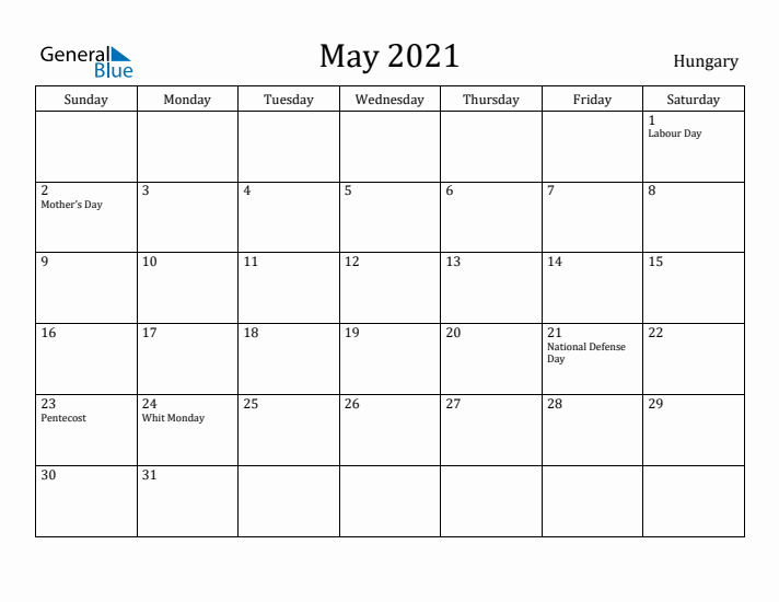 May 2021 Calendar Hungary
