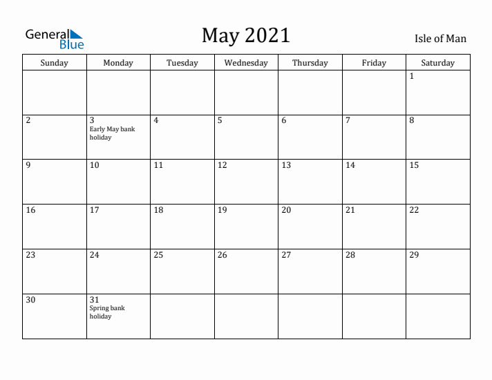 May 2021 Calendar Isle of Man