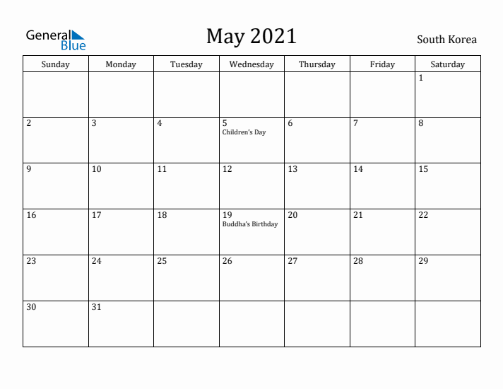 May 2021 Calendar South Korea