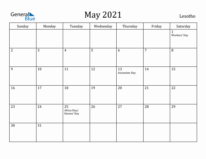 May 2021 Calendar Lesotho