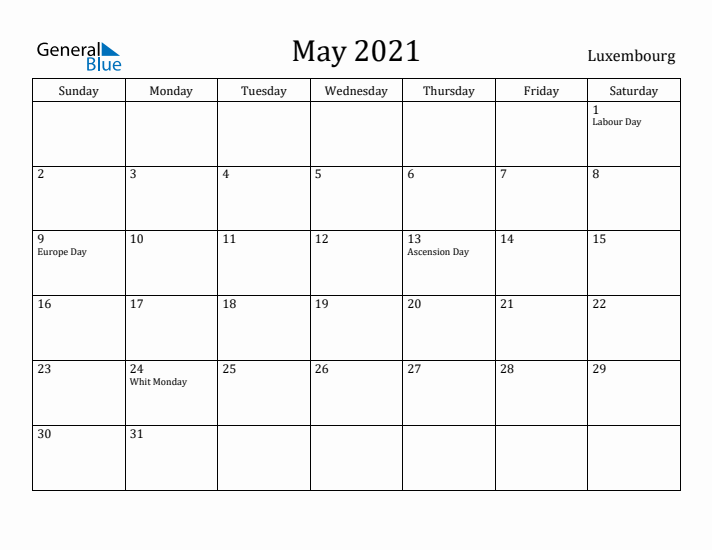 May 2021 Calendar Luxembourg