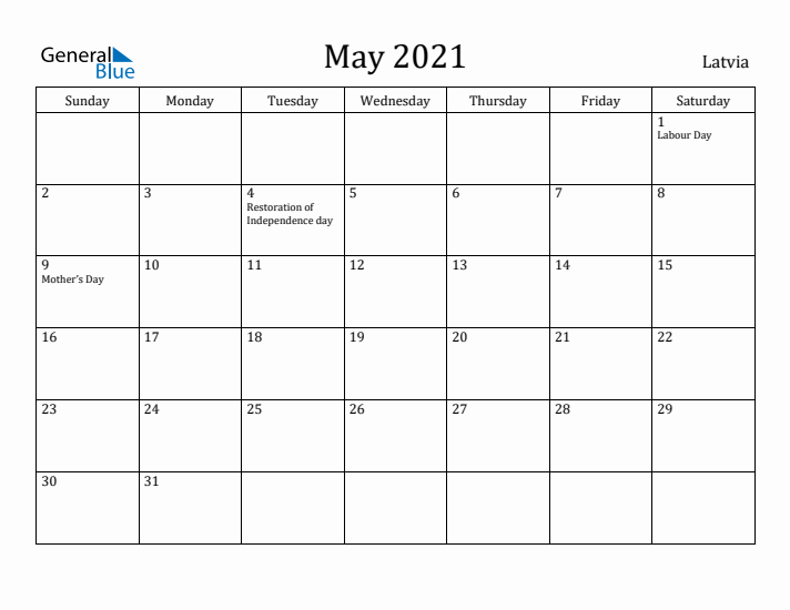 May 2021 Calendar Latvia