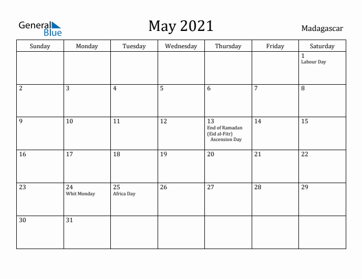 May 2021 Calendar Madagascar