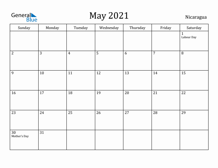 May 2021 Calendar Nicaragua