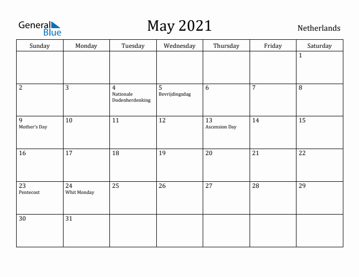 May 2021 Calendar The Netherlands